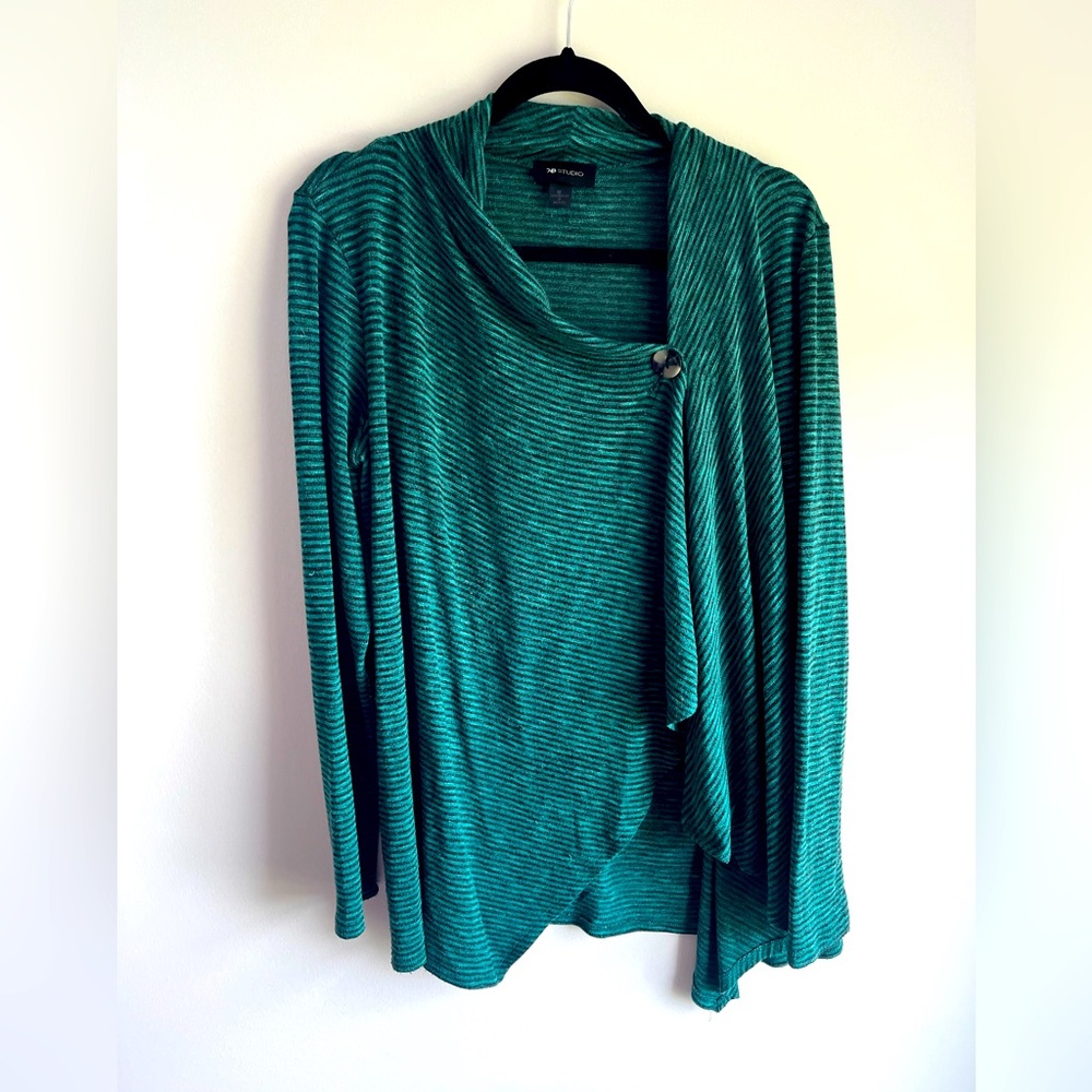 Teal striped poncho style sweater. Size medium.